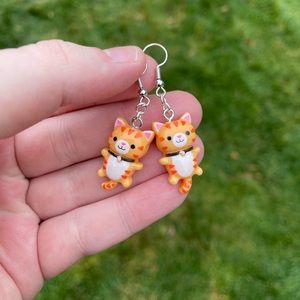 Acrylic Orange Tabby Cat Earrings with Silver Accents